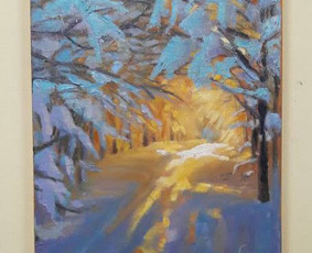 Saulėtas miško keliukas žiemą. Paveikslas ant drobės 30x40 cm aliejiniais dažais. Pardoudamas. 40 eurų