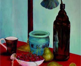 Mokinės nutapytas natiurmortas. Drobė, aliejus. 90x60cm.