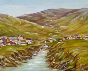 Kalnų siužeto peizažas pagal užsakovo viziją. 
Drobė,akrilas,parlamutro,vario,aukso spindesiu.
150/50 cm.
