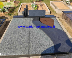 Kapavietės dengimas žalio Olive green ir juodo Karelijos granito plokštėmis, suformuojant dekoratyvinį granito elementą ir zoną augalams.