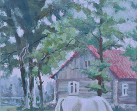 50x70 cm paveikslas aliejiniais dažais sukomponuotas iš senų nuotraukų. Brangus prisiminimas - giminės sodyba su reikšmingomis detalėmis.