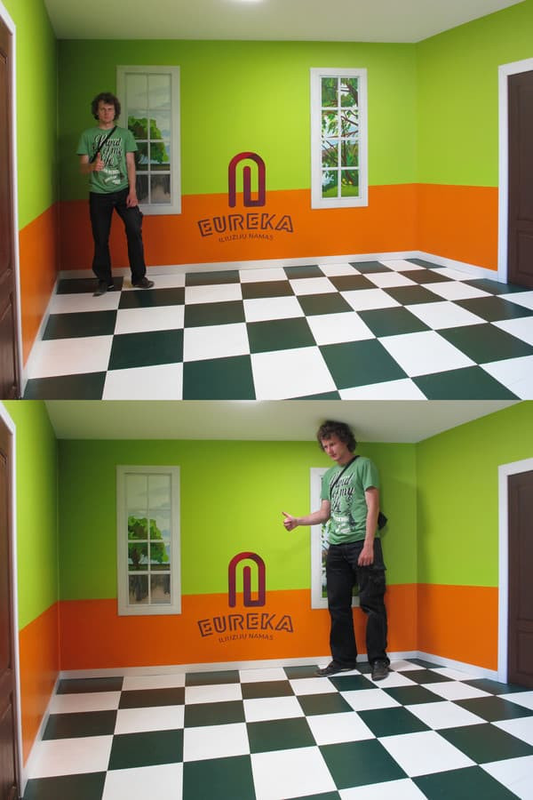 3D iliuzija, dydžių kambarys. Išskaičiuoju ir dekoruojų sudėtingas iliuzijas. Iliuzijų namas Eureka, Palanga

Langai ir dūrys dešinėje piešti, apvadai tikri.
