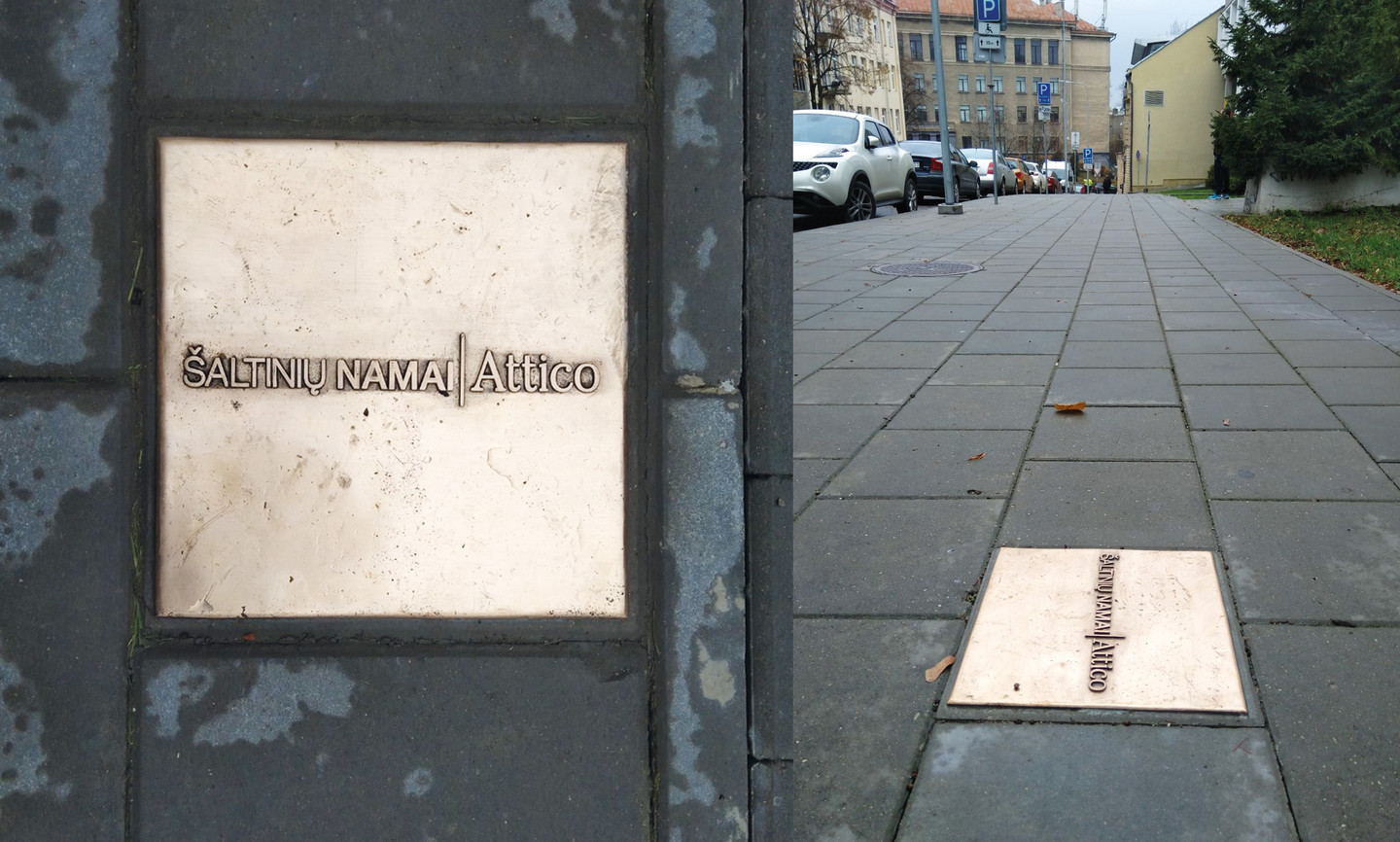 Reklaminė ploktšelė, įmontuota grindinyje, Vilnius. Matmenys 37x37 cm, bronza.