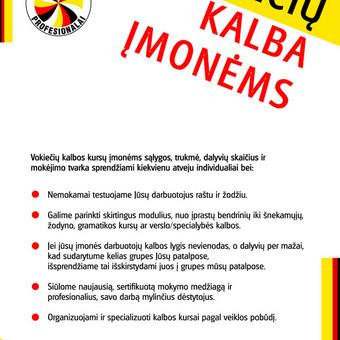 Vokiečių kalbos kursų įmonėms sąlygos, trukmė, dalyvių skaičius ir mokėjimo tvarka sprendžiami kiekvienu atveju individualiai bei:
Nemokamai testuojame Jūsų darbuotojus raštu ir žodžiu. Kaunas Aistė Urbaitė nuotrauka 3 Vokiečių kalba įmonėms Kaunas Aistė Urbaitė nuotrauka 3
