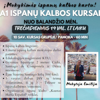 1) Ispanų kalbos kursai grupėse: https://fb.me/e/1MMzj2IK5
2) Kalbėjimo pamokos grupėse: https://forms.gle/nTTuUJ4QGJHBrhVX6 Kaunas Emilija Buividavičiūtė nuotrauka 2 Ispanų kalbos mokymas grupėje Kaunas Emilija Buividavičiūtė nuotrauka 2