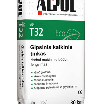 Vienasluoksniam padengimui gipsiniu tinku, mašininiu būdu, ant sienų ir lubų. Glotnus padengimas, lengvas, todėl yra puikios išeigos, užtikrina komfortišką ir sveiką patalpų klimatą, reguliuoja drėgmę Kaunas UAB Aruodas (Housing.lt) nuotrauka 20 Gipsinis lengvintas tinkas darbui mašininiu būdu ALPOL ALPOL AG T32 30 Kg Kaunas UAB Aruodas (Housing.lt) nuotrauka 20