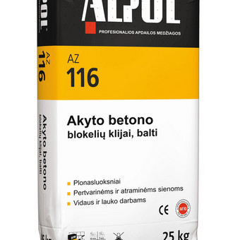 Skirti, plonu sluoksniu, klijuoti akytojo betono, keramzitbetonio bei silikatinius blokelius. Taip pat galima naudoti kitiems, padidinto įgeriamumo mūro blokams klijuoti. Kaunas UAB Aruodas (Housing.lt) nuotrauka 28 Stipresni klijai akyto betono blokeliams ALPOL AZ 116 25 Kg (BALTI) Kaunas UAB Aruodas (Housing.lt) nuotrauka 28
