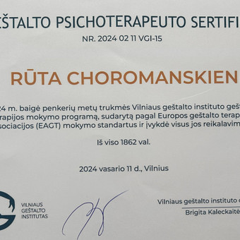 Esu geštalto psichoterapeutė. Jeigu Jums svarbu jausti harmoniją savyje ir gyvenime, pažinti save ir savo jausmus, norite išmokti gyventi čia ir dabar, lauksiu Jūsų skambučių. Klaipėda Ruta Choromanskiene nuotrauka 5 Geštalto terapija Klaipėda Ruta Choromanskiene nuotrauka 5