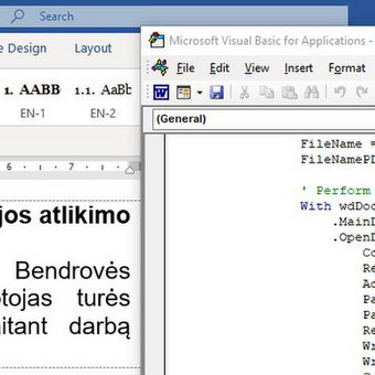 Word šablono užpildymas imant duomenis iš Excel failo.
Kaip pavyzdys, darbo sutarčių automatinis užpildymas, išsaugojimas Word dokumentu ir eksportavimas į pdf. Kauno rajonas Arvydas Simutis nuotrauka 4 MS Word VBA programavimas Kauno rajonas Arvydas Simutis nuotrauka 4