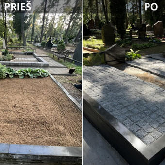 Tai ilgaamžis ir natūraliai atrodantis sprendimas, puikiai tinkantis įvairių paviršių dangoms, pavyzdžiui, takams, kiemams ar kapavietėms. Kaunas Kapų Atkūrimas nuotrauka 8 GRANITINIŲ AKMENŲ KLOJIMAS Kaunas Kapų Atkūrimas nuotrauka 8