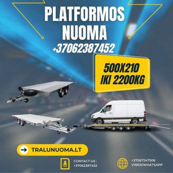 DIENA 30 EUR. + PVM
Ilgis: 5 m
Plotis: 2.1 m
Didžiausia leidžiama masė: 3000 kg
Sava masė: 750 kg
Keliamoji galia: 2250 kg Alytus Platformu, traliuku ir priekabu nuoma nuotrauka 15 Platformos nuoma ( 500x210 ) iki 2250 kg Alytus Platformu, traliuku ir priekabu nuoma nuotrauka 15