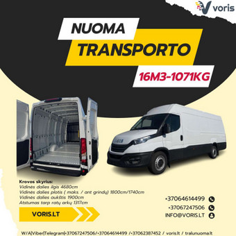 1-3 dienos 70 €
3-10 dienų 65 €
11-20 dienų 60 €
21-30 dienų 55 €
30+ dienų 50€
Paros kilometražas - 300km, papildomi km-0,15 cnt. !
KAINOS NURODYTOS LIETUVOJE ! Alytus Mikroautobusų nuoma nuotrauka 12 Krovininių Mikroautobusiukių Nuoma 16m3/1071kg Alytus Mikroautobusų nuoma nuotrauka 12