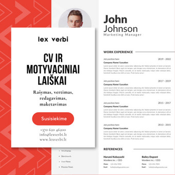 Teikiame CV ir motyvacinių laiškų rašymo, redagavimo, sukūrimo, maketavimo paslaugas. Daugiau: https://www.lexverbi.lt/cv-ir-motyvaciniai-laiskai/ Vilnius Vertimų biuras „Lex verbi“ nuotrauka 43 CV ir motyvacinio laiško rašymas, vertimas ar redagavimas Vilnius Vertimų biuras „Lex verbi“ nuotrauka 43