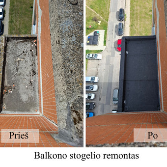 Paviršiaus valymas nuo nešvarumų, gruntavimas bituminiu gruntu, bituminės dangos klojimas Klaipėda Darius nuotrauka 6 Daugiabučių namų balkonų stogelių remonto darbai Klaipėda Darius nuotrauka 6