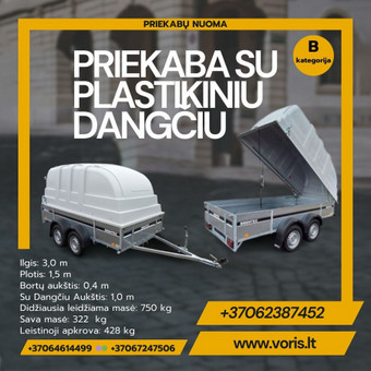 Ilgis: 3 m.
Plotis: 1,5 m.
Bortų aukštis: 0.4 m
Su dangčiu aukštis: 1.0 m
Didžiausia leidžiama masė: 750 kg
Sava masė: 322 kg
Leistinoji apkrova: 428 kg Alytus Platformu, traliuku ir priekabu nuoma nuotrauka 29 PRIEKABA SU PLASTIKINIU DANGČIU Alytus Platformu, traliuku ir priekabu nuoma nuotrauka 29