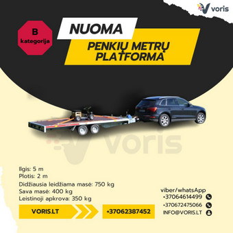 Ilgis: 500 cm
Plotis: 200 cm
Didžiausia leidžiama masė: 750 kg
Sava masė: 400 kg
Leistinoji apkrova: 350kg Alytus Platformu, traliuku ir priekabu nuoma nuotrauka 35 PLATFORMA PENKIŲ METRŲ ( B kategorija ) Alytus Platformu, traliuku ir priekabu nuoma nuotrauka 35