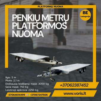 Ilgis: 500 cm
Plotis: 210 cm
Didžiausia leidžiama masė: 3000 kg
Sava masė: 750 kg
Leistinoji apkrova: 2250kg Alytus Platformu, traliuku ir priekabu nuoma nuotrauka 39 PLATFORMA PENKIŲ METRŲ ( kategorija BE/CE ) Alytus Platformu, traliuku ir priekabu nuoma nuotrauka 39