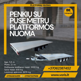 Ilgis: 550 cm
Plotis: 210 cm
Didžiausia leidžiama masė: 3500 kg
Sava masė: 830 kg
Leistinoji apkrova: 2670 kg Alytus Platformu, traliuku ir priekabu nuoma nuotrauka 40 PLATFORMA PENKIŲ SU PUSE METRŲ ( BE/CE ) Alytus Platformu, traliuku ir priekabu nuoma nuotrauka 40