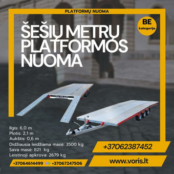 Ilgis: 600 cm
Plotis: 210 cm
Didžiausia leidžiama masė: 3500 kg
Sava masė: 821 kg
Leistinoji apkrova: 2679 kg Alytus Platformu, traliuku ir priekabu nuoma nuotrauka 41 PLATFORMA ŠEŠIŲ METRŲ ( BE / CE ) Alytus Platformu, traliuku ir priekabu nuoma nuotrauka 41