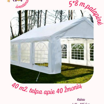 40 m2, talpina apie 40 žmonių
Kainos:
I-IV 115 Eur
V-VII 130 Eur
Visam savaitgaliui 220 Eur
Spalva: balta Alytus MB Erdvių ekspertai nuotrauka 3 Pobūvių palapinės 5x8 m nuoma Alytus MB Erdvių ekspertai nuotrauka 3