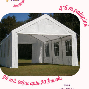 24 m2, talpina apie 20 žmonių
Kainos:
I-IV 100 Eur
V-VII 115 Eur
Visam savaitgaliui 200 Eur
Spalva: balta(gali būti su nedaug žalios apdailos) Alytus MB Erdvių ekspertai nuotrauka 4 Pobūvių palapinės 4x6 m nuoma Alytus MB Erdvių ekspertai nuotrauka 4