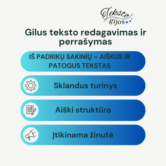 Perrašau nesklandžius ar sudėtingus tekstus, kad jie būtų aiškūs, logiški, įtikinami. Atlieku gilų turinio redagavimą ir struktūravimą. Tinka paslaugų ar produktų aprašymams tobulinti. Panevėžys Loreta nuotrauka 3 Gilus redagavimas ir teksto perrašymas Panevėžys Loreta nuotrauka 3
