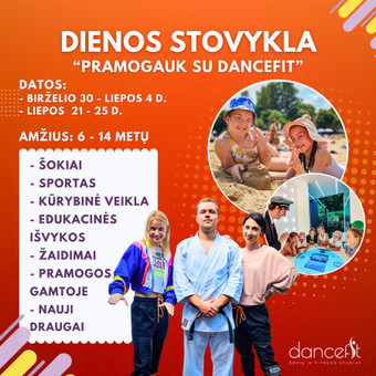 „Pramogauk su Dancefit“ – Top dienos stovykla Vilniuje (6–14 m.) Tai 5 dienos šokių, sporto, kūrybos, išvykų į muziejus ir įspūdingų vasaros nuotykių, kurios įkvepia, ugdo ir sužadina džiaugsmą! Vilnius Vasilisa Tarasova nuotrauka 1 Dienos stovykla Vilniuje "Pramogauk su Dancefit" Vilnius Vasilisa Tarasova nuotrauka 1