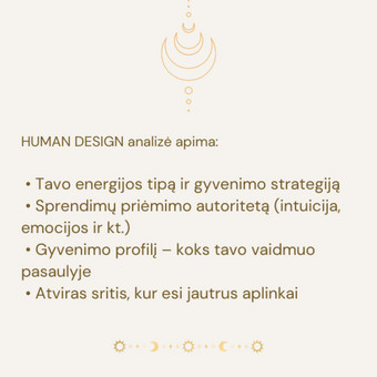 Šioje analizėje sužinosi, koks tavo energijos tipas, sprendimų priėmimo būdas ir kaip natūraliai veiki pasaulyje. Tai padės suprasti, kur tau verta veikti, o kur atsitraukti, kaip išvengti perdegimo. Kaunas Mistikos biuras nuotrauka 3 Human Design analizė Kaunas Mistikos biuras nuotrauka 3