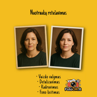 Įvairios apimties nuotraukų redagavimas - atspalvių reguliavimas, spalvų profilių konvertavimas, DPI raiškos keitimas, nuotraukų didinimas, detalumo gerinimas, kadravimas, retušavimas, fono keitimas. Vilnius M. D. nuotrauka 1 Nuotraukų redagavimas Vilnius M. D. nuotrauka 1