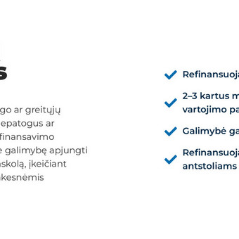 Įvertinu esamas paskolas ir padedu jas sujungti į vieną, geresnėmis sąlygomis. Tai sumažina mėnesines įmokas ir padeda suvaldyti finansinius srautus. Šiauliai AISME Finance nuotrauka 4 Paskolų ir skolų refinansavimas su NT įkeitimu Šiauliai AISME Finance nuotrauka 4