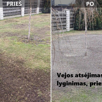 Nunykusių vejos plotų lyginimas ( naudojant sijotą žemę)  ir atsėjimas. Tel.060787674 Kaunas Apleistos žolės pjovimas trimeriais nuotrauka 10