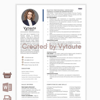 Kuriu CV ir reziumė visų profesijų atstovams. Turiu strategiją ir žinias, kaip pateikti informaciją, kad per kelias sekundes vadovas pamatytų stipriausias kandidato kompetencijas ir galimybes. Vilnius Vytautė Jurgaitytė nuotrauka 1 CV rašymas su konsultacija Vilnius Vytautė Jurgaitytė nuotrauka 1
