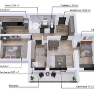 3D plano vizualizacija su sienomis ir baldais